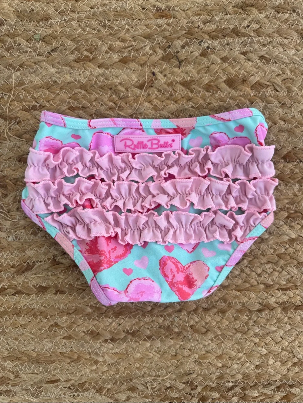 Ruffle Butts Girls Aqua Pink Ruffle Heart Diaper Cover 3T